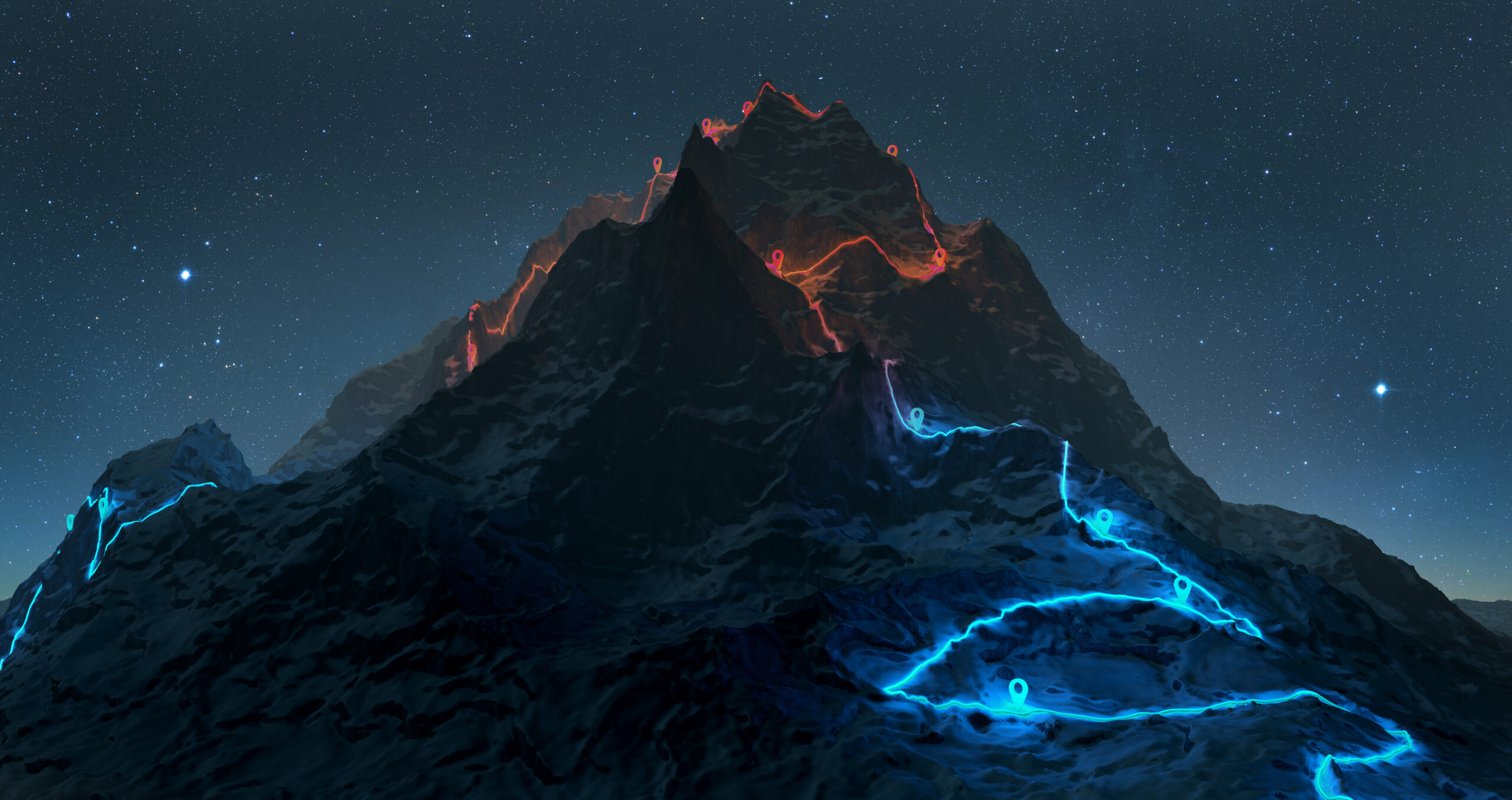 Overview Of A Winding Hiking Trail Through The Mountains With Waypoints 3d Illustration